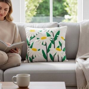 Daisy Floral Tufted Embroidered Pillow Cover 18” x 18” | Spring Flowers